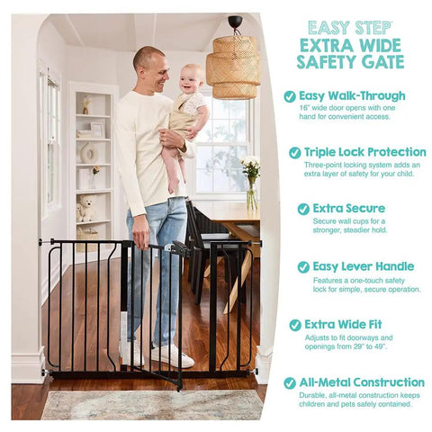 Father holding baby standing next to Extra Wide Baby Gate 29 To 49 Inches For Doorways And Stairs, Pressure Mounted Safety Gate With Door, Black