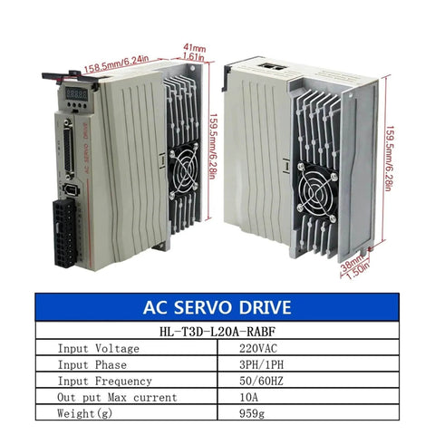 Beefy 1000W 220V AC Servo Motor Kit With Magnetic 17 Bit Absolute Encoder And T3D 20A Driver shown with dimensions and specs