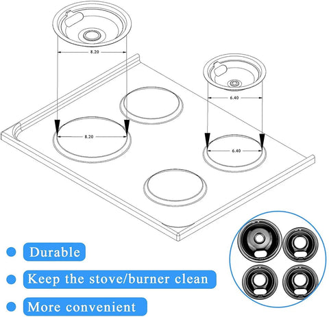 Diagram showing Porcelain Drip Pan Set For Electric Range Stovetop Burners 6-Inch And 8-Inch 4-Pack Black Replacement Fits Whirlpool