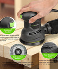 2.0 Amp Electric Random Orbital Sander with ergonomic grip on wooden surface, display of dustproof switch and design features