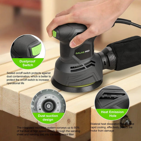 2.0 Amp Electric Random Orbital Sander with ergonomic grip on wooden surface, display of dustproof switch and design features