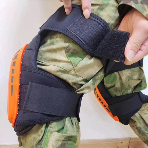 Close-up of Two Piece Heavy Duty Knee Pads Featuring Thick Gel Cushion And Secure Non Slip Straps in use on pants.