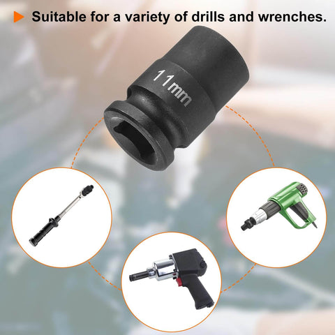 Deep Impact Socket For Three Eighths Inch Square Drive 11mm Six Point 30mm Long Flip Socket In CR-MO Steel Industrial Grade For Heavy Duty Home Auto Repair Nuts Bolts.