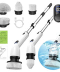 Electric Spin Scrubber Cordless With Full Body IPX7 Waterproof Design LCD Display; accessories, adjustable handle, brush heads.