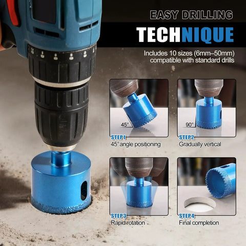 Diamond Hole Saw Kit 10 Piece Brazed Diamond Tile Drill Bits Set With EVA Guide Jig for Ceramic Tile Glass Granite Marble Dry and Wet Cutting 6-50mm in use with drill on ceramic tile