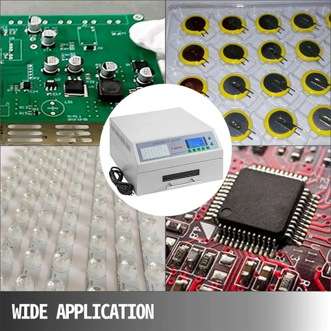 Pro Grade Desktop Reflow Oven Soldering Station With Infrared Heater And Hot Air Circulation shown with PCBs and components