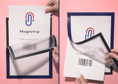 Self Adhesive A4 Magnetic Document Holder Sign Display 8.5 X 11 Inches Blue 4 Pack showcasing document insertion