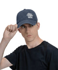 Man wearing No Crying On The Yacht Funny Hat For Men Navy Blue Washed Distressed Baseball Cap For Camping Outdoor Activities And Boyfriend Gifts Dope Casual Cap Gift Idea