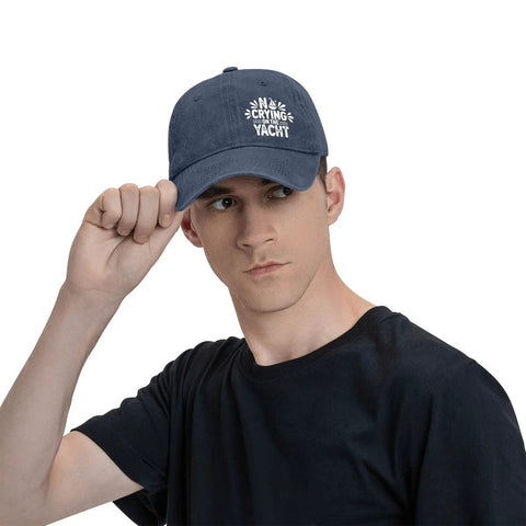 Man wearing No Crying On The Yacht Funny Hat For Men Navy Blue Washed Distressed Baseball Cap For Camping Outdoor Activities And Boyfriend Gifts Dope Casual Cap Gift Idea