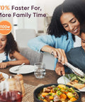 Family dinner with Workhorse All In One 6 Qt Pressure Cooker 1100W Stainless Steel, shown on table with various dishes.
