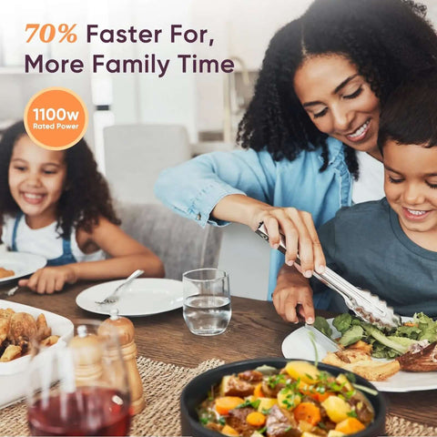 Family dinner with Workhorse All In One 6 Qt Pressure Cooker 1100W Stainless Steel, shown on table with various dishes.