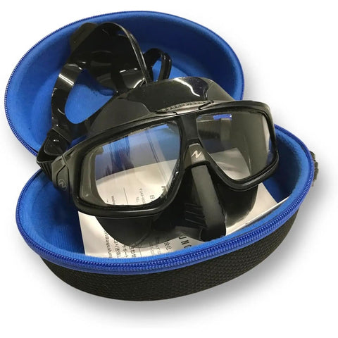 Sphera X Freediving Mask With 180-Degree Wide-Angle View, Low-Volume Fit, Plexisol Anti-Fog Lenses in blue case, black. 