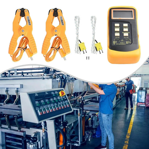Type K Dual Channel Digital Thermometer For Pipe Temperature, includes probes, pipe clamps, HVAC industrial use scene.