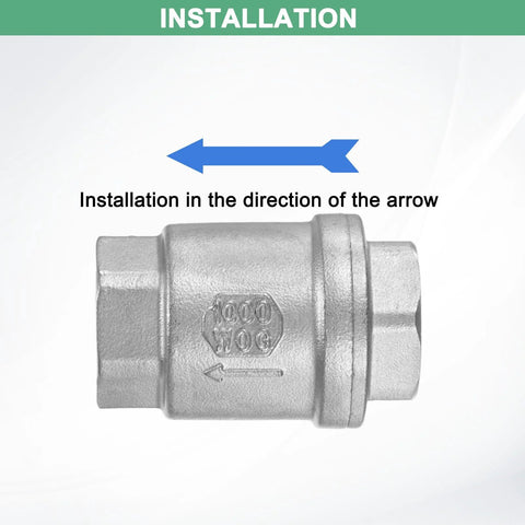 Side view: stainless steel inline spring check valve, 3/4 in NPT, one-way backflow preventer