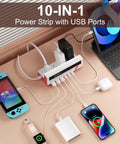 Heavy Duty 10 Port Power Strip With Smart Digital Display And A Rock Solid 5 Ft Extension with various devices connected including phones and tablets.