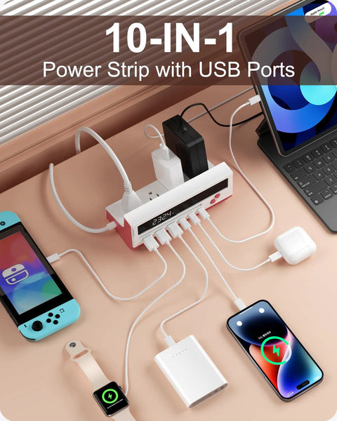 Heavy Duty 10 Port Power Strip With Smart Digital Display And A Rock Solid 5 Ft Extension with various devices connected including phones and tablets.