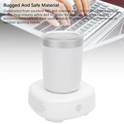 Smart Two In One Desk Mug Warmer And Chiller With Electric Temperature Control on a desk with a laptop, showing white stainless steel mug.