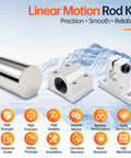 Complete Linear Motion Rod Kit With Two 8mm By 400mm Linear Rods, Four SCS8UU Bearing Blocks, Four SK8 Shaft Supports, And L Shaped M3 Allen Wrench For Smooth, Stable And Pro Grade Motion You Can Trust. Linear rod kit with 8mm steel rod, bearing block, and shaft support.