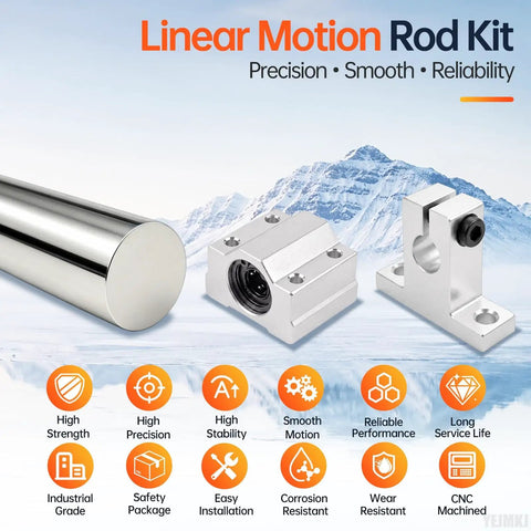 Complete Linear Motion Rod Kit With Two 8mm By 400mm Linear Rods, Four SCS8UU Bearing Blocks, Four SK8 Shaft Supports, And L Shaped M3 Allen Wrench For Smooth, Stable And Pro Grade Motion You Can Trust. Linear rod kit with 8mm steel rod, bearing block, and shaft support.