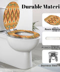 Elongated Native american indian ornament geometric ethnic Toilet Seat with colorful pattern and stainless steel hinge.