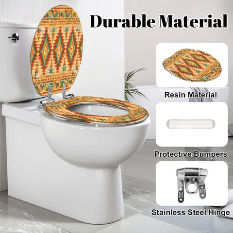 Elongated Native american indian ornament geometric ethnic Toilet Seat with colorful pattern and stainless steel hinge.