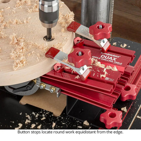 Dual Axis Angle Drilling Guide With Adjustable Fence and Clamp Table USA made drill press jig in use on wooden workpiece