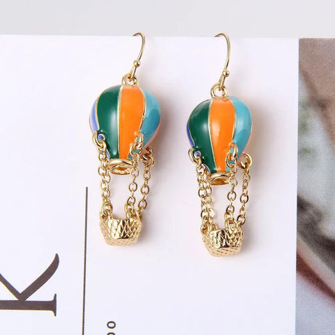Colorful Enamel Hot Air Balloon Earrings With Gold Tone Chained Basket French Hook Dangle Totally Cute Yellow Balloons Lightweight Alloy Jewelry For Everyday Wear Adorable Gift For Her