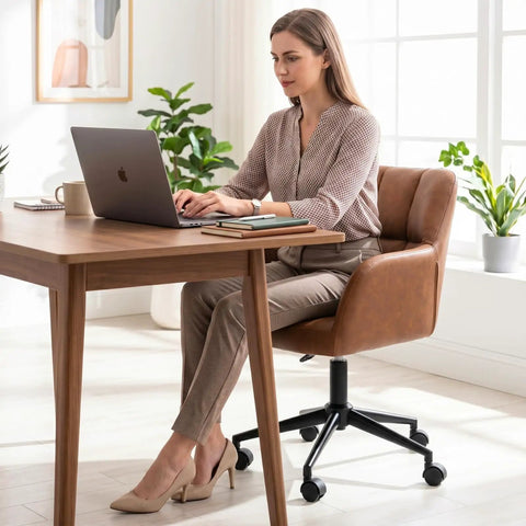 Woman using laptop on Faux Leather Office Chair With Wheels 360 Degree Swivel Height Adjustable Armrests Mid Back Comfy Ergonomic Computer Chair For Home Office Living Room Bedroom Brown.