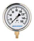 4 Inch Glycerin Filled Plumbing Pressure Gauge Zero To One Hundred Sixty Psi With Stainless Steel Case One Quarter Inch NPT Lower Mount