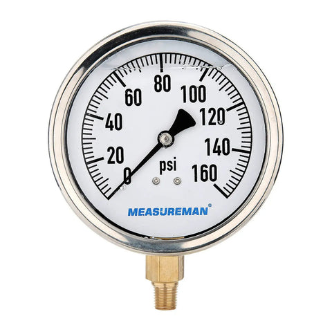 4 Inch Glycerin Filled Plumbing Pressure Gauge Zero To One Hundred Sixty Psi With Stainless Steel Case One Quarter Inch NPT Lower Mount