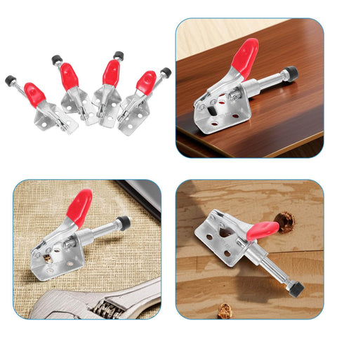 Four Pack Horizontal Toggle Clamps With Nonslip Tips, Quick Release For Welding And Woodworking, heavy-duty clamps on table