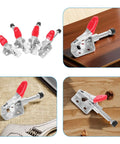 4-Piece Heavy Duty Push-Pull Toggle Clamps Set With Iron Horizontal Elbow Joints Quick-Release For Welding And Woodworking In The Shop Or On Your Workbench Fixtures Built For Fast Setup And Stable Grip. 4-piece iron toggle clamps on wood surfaces