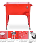 Red 80 Quart Rolling Cooler Ice Chest With Wheels And Bottle Opener, Party Ready Portable Bar Cart for outdoor use, front view