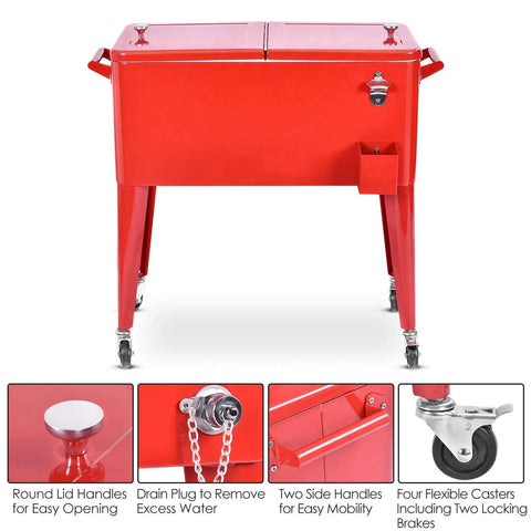 Red 80 Quart Rolling Cooler Ice Chest With Wheels And Bottle Opener, Party Ready Portable Bar Cart for outdoor use, front view