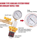 Universal Engine Cooling System Vacuum Purge And Refill Kit Set showing gauge, brass coupler, rotary knob, and rubber adapter for coolant system.