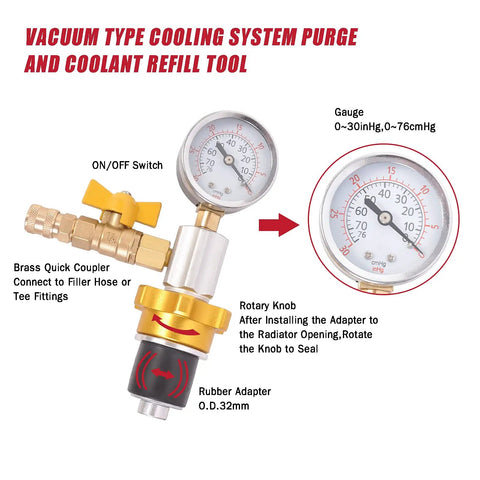 Universal Engine Cooling System Vacuum Purge And Refill Kit Set showing gauge, brass coupler, rotary knob, and rubber adapter for coolant system.