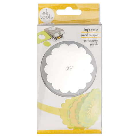 Packaging of 2.25 Inch Scalloped Circle Punch For Scrapbooks And Card Making, Large White Craft Punch displayed in a clear box.