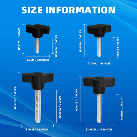 Heavy Duty Solid Badass 20 Piece Thumb Screw And Wing Knob Bolt Kit M4 M5 M6 M8 Threads, size info with dimensions displayed.