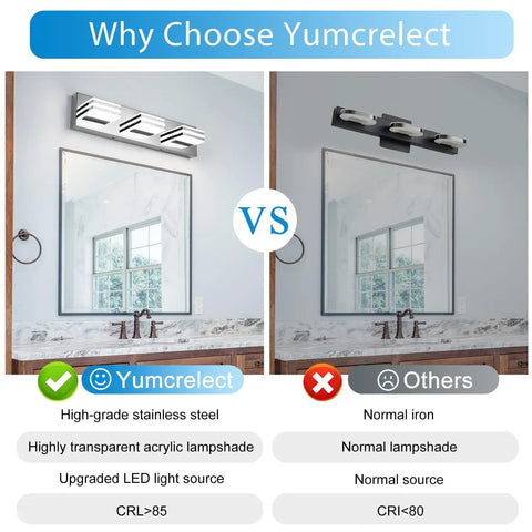 Comparison between Yumcrelect vs other 20 Inch LED Vanity Light Bar For Bathroom Over Mirror, 3 Light Chrome Fixture, 18W, 6000K Daylight LED.