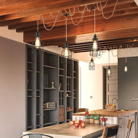 Three Light Plug In Pendant With Hemp Rope And Metal Cage Shades, 27 Feet Adjustable Twisted Rope Hanging Lighting in kitchen.