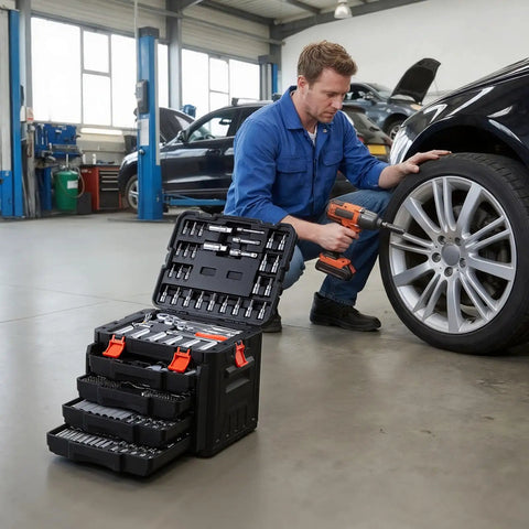 Mechanic using Durable 297-Piece Mechanic Tool Set With Quarter Inch, Three Eighths Inch, And Half Inch Drive Sockets in auto repair.