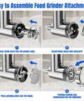 Assembly steps for Metal Food Grinder Attachments for Stand Mixers, Meat Grinder and Sausage Stuffer Kit in Silver.