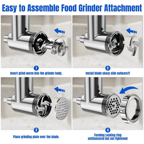 Assembly steps for Metal Food Grinder Attachments for Stand Mixers, Meat Grinder and Sausage Stuffer Kit in Silver.