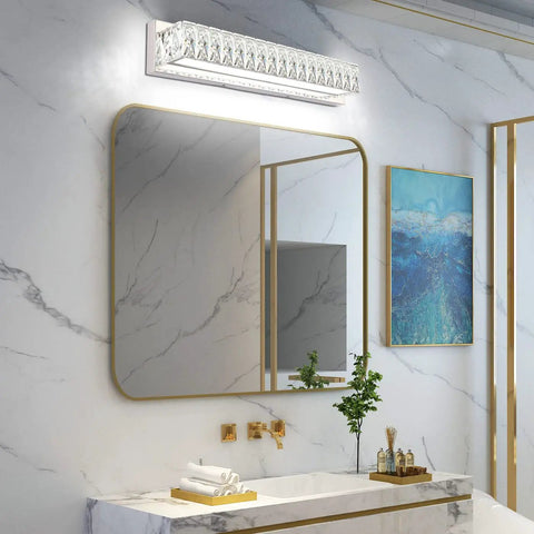 Crystal Bathroom Light Fixtures Over Mirror 22 Point 8 Inch LED Vanity Lights For Bath Chrome Stainless Steel With Polished Finish 6000K Bright White Energy Efficient Lighting For Modern Homes above a modern bathroom mirror