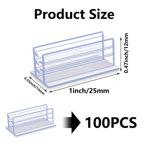 Product size diagram of 100 Pack Self Adhesive Sneeze Guard Clips with measurements for clear acrylic sign holders.