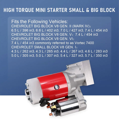 Beefy High Torque 3 HP Mini Starter With 9 Tooth Gear And 153 And 168 Tooth Flywheels For Small Block And Big Block Chevy SBC BBC