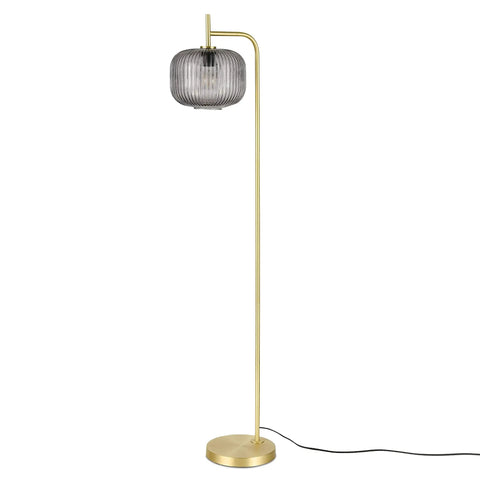 Etched Glass Floor Lamp With Brushed Brass Finish Smoke, Retro Vibe Meets Mid Century Modern Style, Slim Stem Design