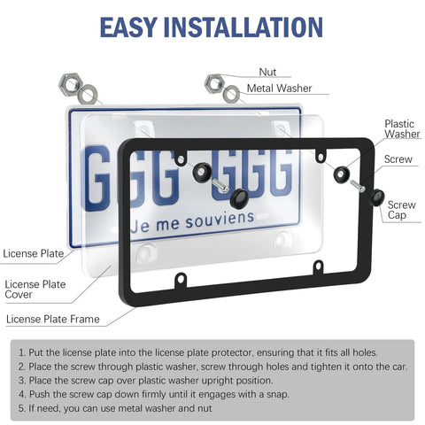 Installation diagram of Two Pack Matte Clear License Plate Covers And Frames Set with Screws Caps universal car accessories