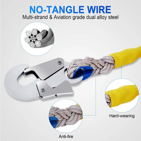 Self Retracting Lifeline Fall Arrestor 23 Foot Double Locking Cable With Aviation Grade Steel Wire showing no-tangle multi-strand wire.