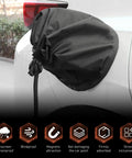 Premium Heavy Duty Magnetic EV Charger Port Cover Waterproof Outdoor Weather Shield Zero Sweat During Storms For Your Daily Driver Every Season Protector Black on an electric vehicle.